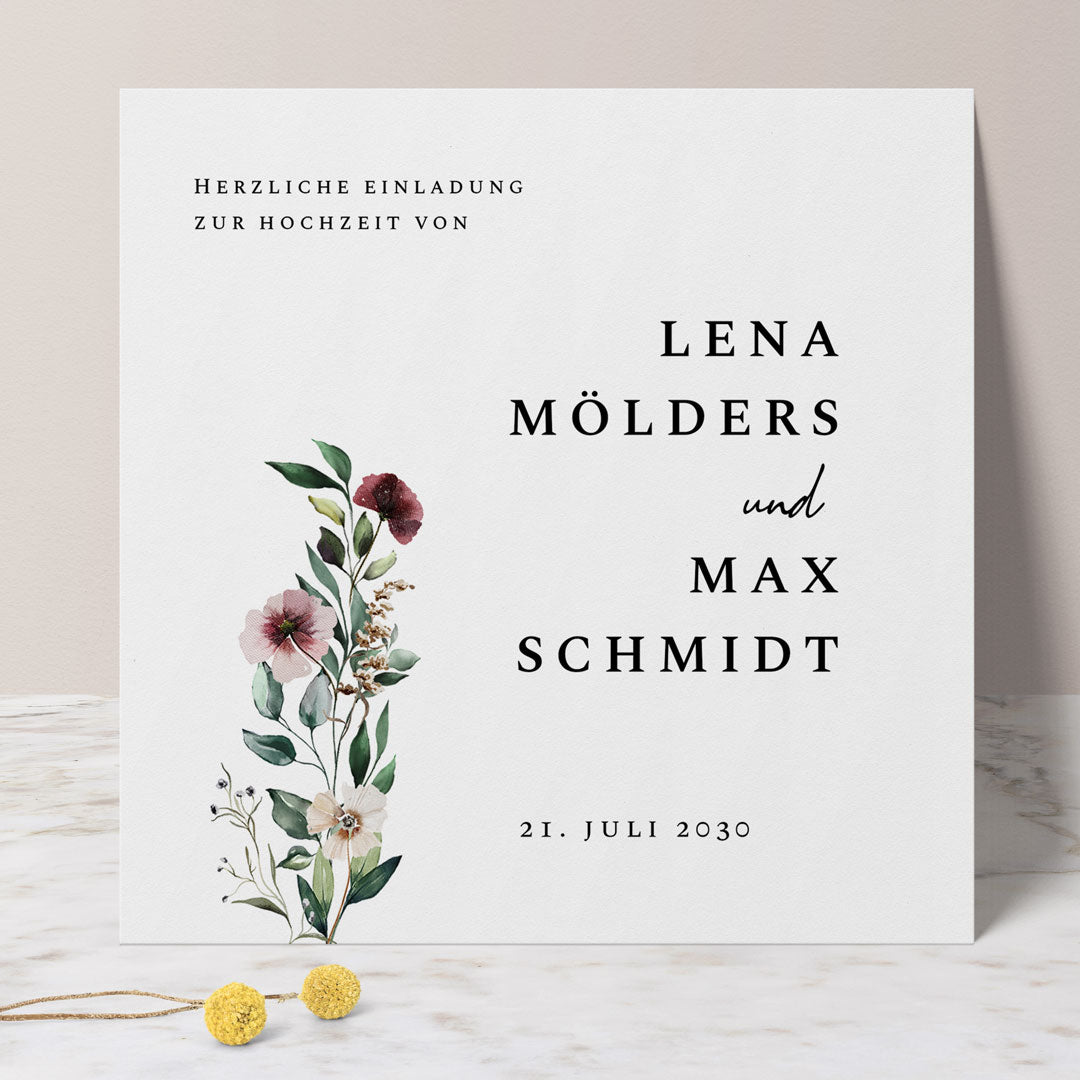Hochzeitseinladung 'Floral' No2, Klappkarte (15x15) / 50 von MY FAM POSTER | Personalisierte Poster