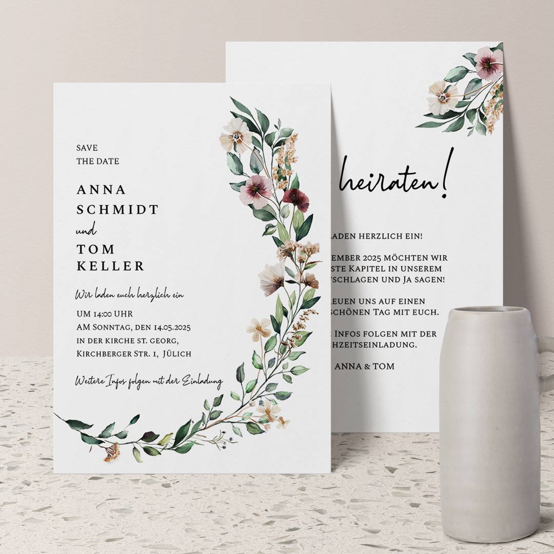 Save-the-Date Karte 'Floral', Postkarte (14.8x10.5) / 70 von MY FAM POSTER | Personalisierte Poster
