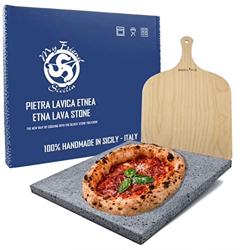 Pizza Stone Set - Pizzastein für Backofen und Gasgrill 39 x 35 cm Set inkl. Pizzaschieber - Made in Italy - Pizzastein rechteckig aus Ätna lavastein für knusprigen Pizzaboden wie vom Italiener - My Friend Sicilia von My Friend Sicilia