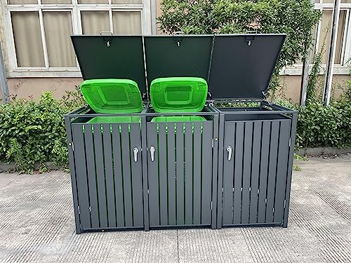 MY-MÜLLTONNE 3er Mülltonnenbox DIRITTO Anthrazit mit Klappdach (mit senkrechten Türlatten) von MY-MÜLLTONNE