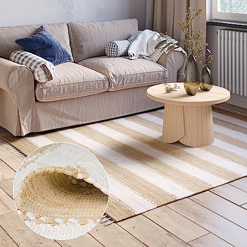 MY-RUG Chindi Fleckerlteppich 60 x 110 cm - Beige Weiß gestreift, handgewebt, recycelte Baumwolle als Flickenteppich und Wendeteppich, moderner Kelim Teppich Aarav von MY-RUG