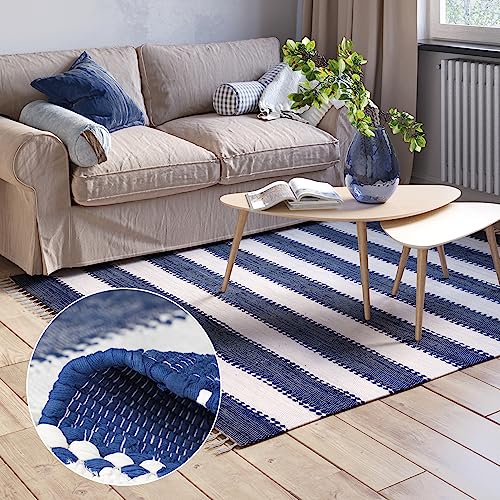 MY-RUG Fleckerlteppich Chindi 60 x 110 cm - Blau Weiß gestreift, handgewebt, recycelte Baumwolle als Flickenteppich und Wendeteppich, moderner Kelim Teppich Aarav Aarav von MY-RUG