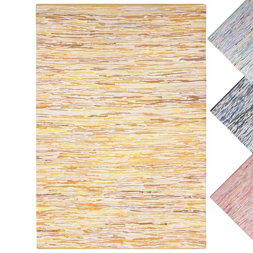 MY-RUG Fleckerlteppich bunt 160 x 230 cm - Gelb, handgewebt, recycelte Baumwolle als Flickenteppich gestreift und moderner Kelim Chindi Teppich Rajesh von MY-RUG
