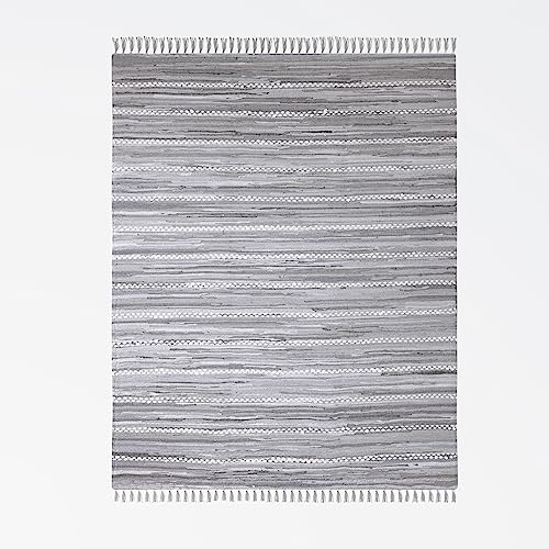 MY-RUG Fleckerlteppich 80x150cm, Läufer grau, Flickenteppich handgewebt, recyceltes Material - Bettvorleger aus Baumwolle Chindi Teppich Kelim Nandini von MY-RUG