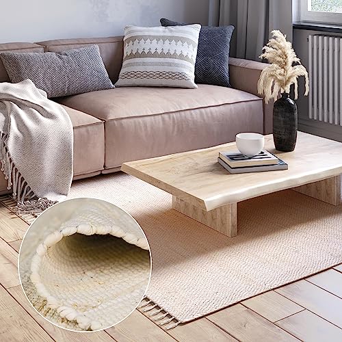 MY-RUG Handgewebter Fleckerlteppich aus recyceltem Material beige, 150 x 80 cm - flachgewebter Boho Teppich, charmantes Ambiente von MY-RUG