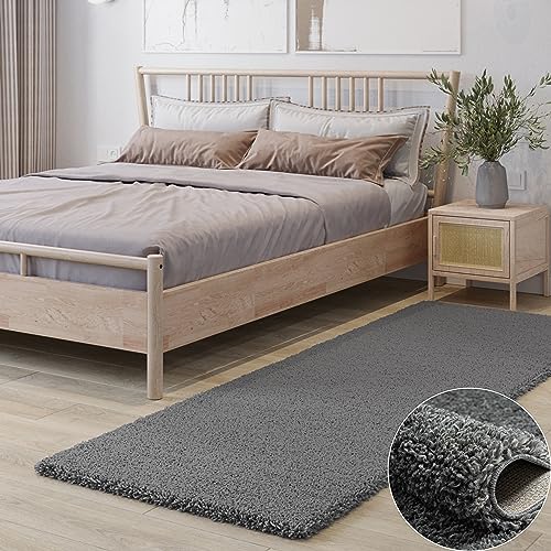 MY-RUG Shaggy Star kuscheliger Langflor Teppich, Rutschhemmende Unterseite, extra Langer Hochflor 37 mm, Pflegeleicht, Super Soft, Felloptik, grau, Läufer 200 x 80 cm von MY-RUG