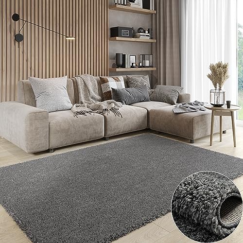MY-RUG Shaggy Star kuscheliger Langflor Teppich, Rutschhemmende Unterseite, extra Langer Hochflor 37 mm, Pflegeleicht, Super Soft, Felloptik, grau, eckig 90 x 60 cm von MY-RUG