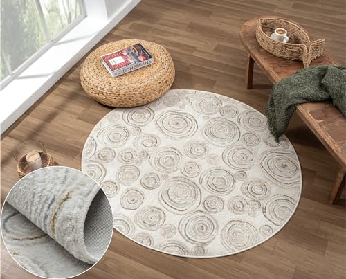 MY-RUG Teppich Bella rund Creme 120 x 120 cm Runder Esszimmerteppich in kurzflor, Badezimmerteppich in Beige Grau meliert für das Wohnzimmer von MY-RUG