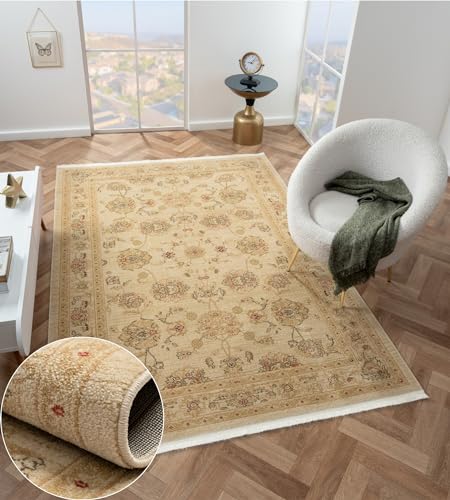 MY-RUG Teppich Ben 4" rechteckig Creme 200 x 140 cm, Großer Orientteppich Wohnzimmer Vintage Kurzflor Orientalisch, Weicher Schlafzimmerteppich im Boho Design Medaillon Klassisch Muster von MY-RUG