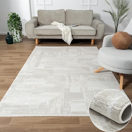 MY-RUG Teppich Dag rechteckig Creme 290 x 200 cm Badteppich mit kurzem Floor, Kinderteppich oder Schlafzimmer für robuste Anwendung in Beige Grau für Teppiche Gegend von MY-RUG