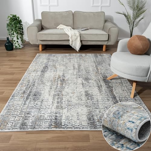 MY-RUG Teppich Hanne 2 rechteckig Beige/Blau 290 x 200 cm Badteppich mit kurzem Floor, Kinderteppich oder Schlafzimmer für robuste Anwendung in Beige Grau für Teppiche Gegend von MY-RUG