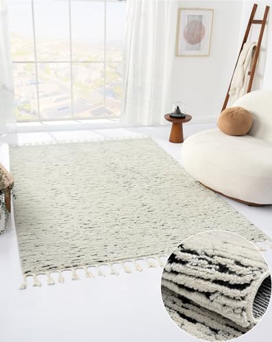 MY-RUG Teppich Leah rechteckig schwarz-weiß 140 x 200 cm 3D Teppich Wohnzimmer im Boho-Stil Cut-&Loop, Moderne Fransen-Teppiche Schlafzimmer Hochflor, Esszimmerteppich Abstrakt von MY-RUG