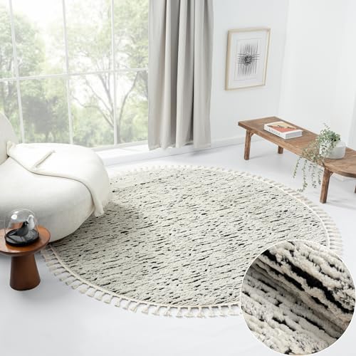 MY-RUG Teppich Leah rund schwarz-weiß 140 x 140 cm 3D Teppich Wohnzimmer im Boho-Stil Cut-&Loop, Moderne Fransen-Teppiche Schlafzimmer Hochflor, Esszimmerteppich Abstrakt von MY-RUG