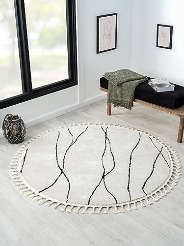 MY-RUG Teppich Linnea rund weiß schwarz mit Muster und Linien, Wohnzimmerteppich kurzflor Shaggy, Boho & geometrisch, Schlafzimmer Teppich im Landhaus Stil von MY-RUG