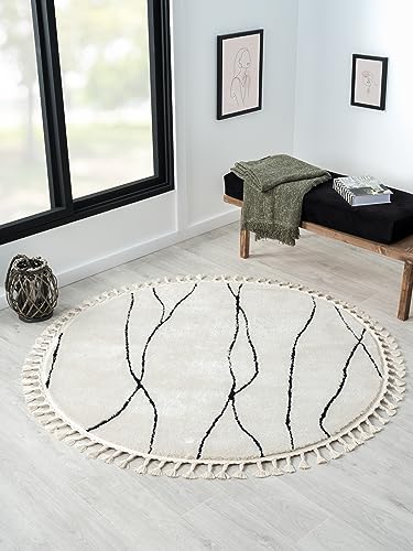 MY-RUG Teppich Linnea rund weiß schwarz mit Muster und Linien, Wohnzimmerteppich kurzflor Shaggy, Boho & geometrisch, Schlafzimmer Teppich im Landhaus Stil MY-RUG Teppich Linnea rund weiß schwarz mit Muster und Linien, Wohnzimmerteppich kurzflor Shaggy, Boho & geometrisch, Schlafzimmer Teppich im Landhaus Stil von MY-RUG