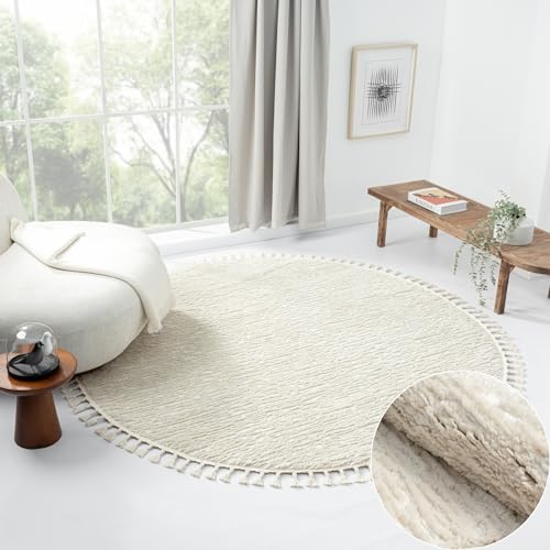 MY-RUG Teppich Liv rund 240 weiß: Runder Küchenteppich Ø240cm, Boho Stil mit Hochflor als Spielteppich oder Badteppich von MY-RUG