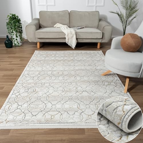 MY-RUG Teppich Nikolai rechteckig Creme 290 x 200 cm Badteppich mit kurzem Floor, Kinderteppich oder Schlafzimmer für robuste Anwendung in Beige Grau für Teppiche Gegend von MY-RUG