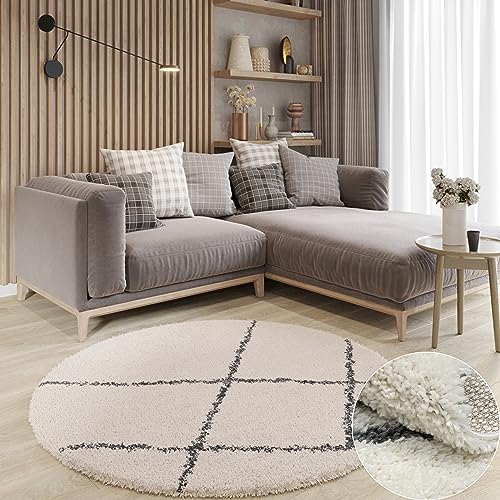 MY-RUG Teppich Shaggy Luxe Rund Creme Weiß 150 cm - Wohnzimmer Hochflor rutschfest Flauschig Weich Moderne Einfarbige Muster Schlafzimmer Skandi Rauten Muster von MY-RUG