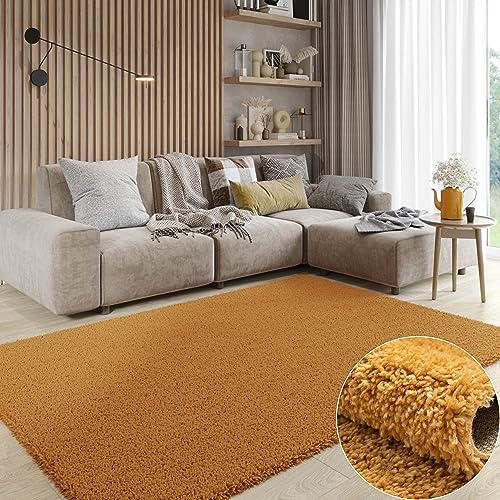 MY-RUG Teppich Shaggy Star Hochflor rechteckig goldgelb 140 x 70 cm - Schlafzimmer Teppich, Langflor, Pflegeleicht von MY-RUG