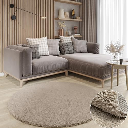 MY-RUG Shaggy Star kuscheliger Langflor Teppich, Rutschhemmende Unterseite, extra Langer Hochflor 37 mm, Pflegeleicht, Super Soft, Felloptik, beige, rund 100 cm von MY-RUG
