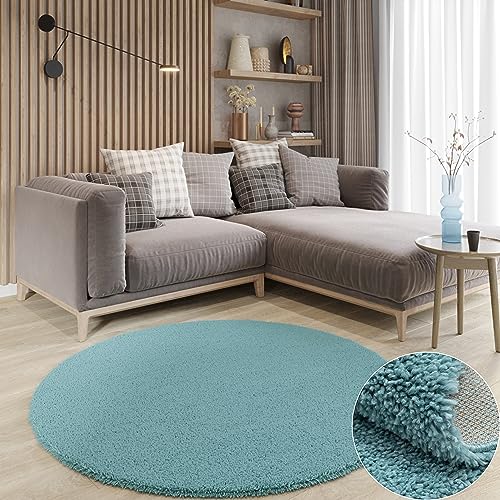 MY-RUG Teppich Shaggy Star Hochflor rund hellblau 150 x 150 cm - Esszimmer Teppich, Langflor, Günstig von MY-RUG