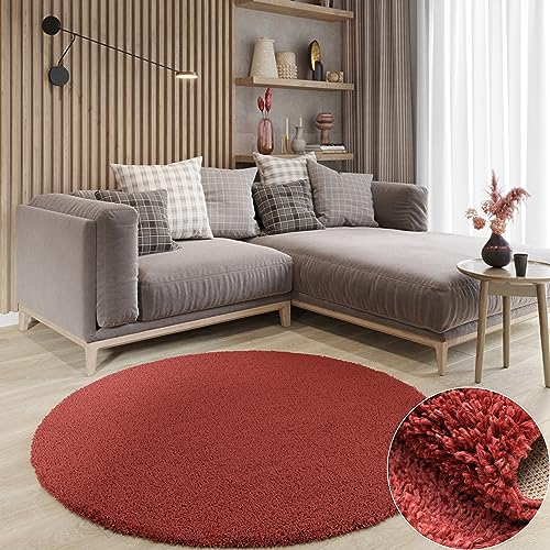 MY-RUG Teppich Shaggy Star Hochflor rund weinrot 100 x 100 cm - Schlafzimmer Teppich, Kuschelteppich, Einfarbig von MY-RUG