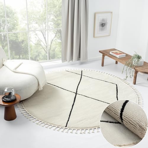 MY-RUG Teppich Thea Wohnzimmer Hochflor - Rund 190cm - Einfarbig - Pastell Creme - Boho - Modern Raute Ornamente - Skandinavisch Flauschig Weich - Schlafzimmer von MY-RUG