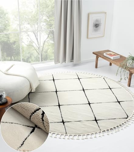 MY-RUG Teppich Vilma Rautenmuster, rund, weiß, 140 x 140 cm - Moderner Boho Teppich für das Schlafzimmer mit Rautenmuster und trendigen Fransen von MY-RUG