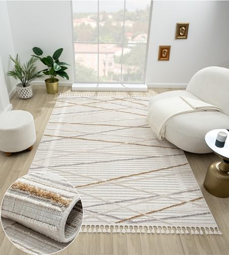 MY-RUG Wohnzimmerteppich Lina rechteckig Creme beige 160 x 230 cm Esszimmerteppich im Boho Style, Skandinavischer Fellteppich Kunstfell Vintage Teppich mit Fransen von MY-RUG