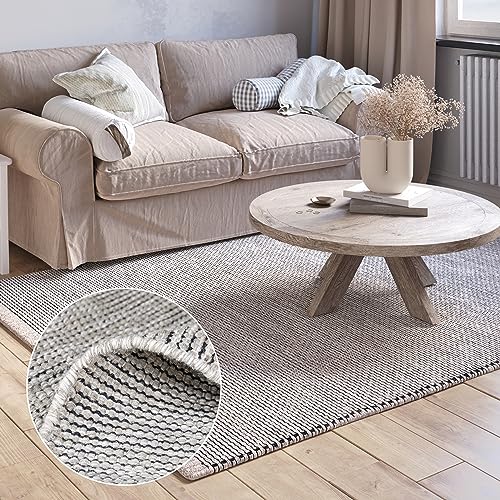 MY-RUG Wollteppich Natur 90 x 60 cm, Roshni, Creme, grau, beige, handgewebt, Naturprodukt, Badezimmerteppich Bettvorleger flach gewebt aus Wolle von MY-RUG