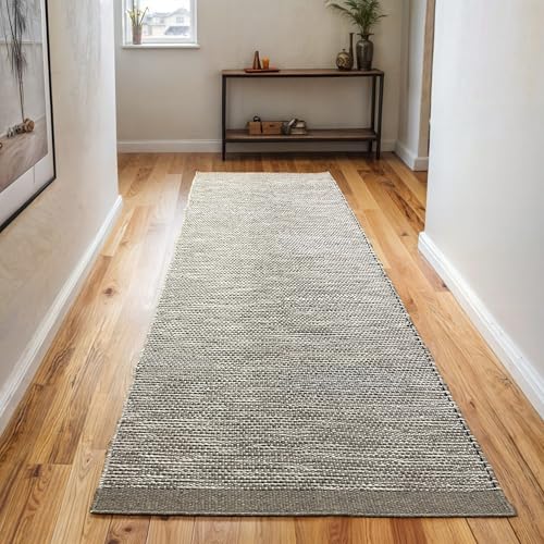 MY-RUG Wollteppich Läufer 80 x 350 cm Creme Grau Beige Handgeweb Teppich Wolle Wohnzimmer Esszimmerteppich flach gewebt aus Wolle Roshni von MY-RUG