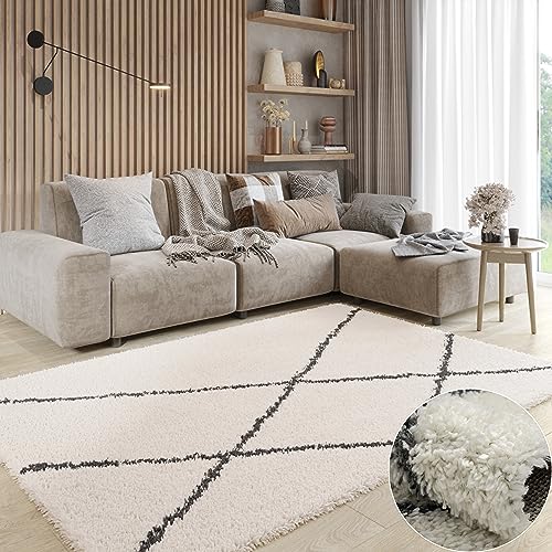 MY-RUG Teppich Shaggy Luxe Rechteckig Creme Weiß 140 x 70 cm - Wohnzimmer Hochflor rutschfest Flauschig Weich Moderne Einfarbige Muster Schlafzimmer Skandi Rauten Muster von MY-RUG