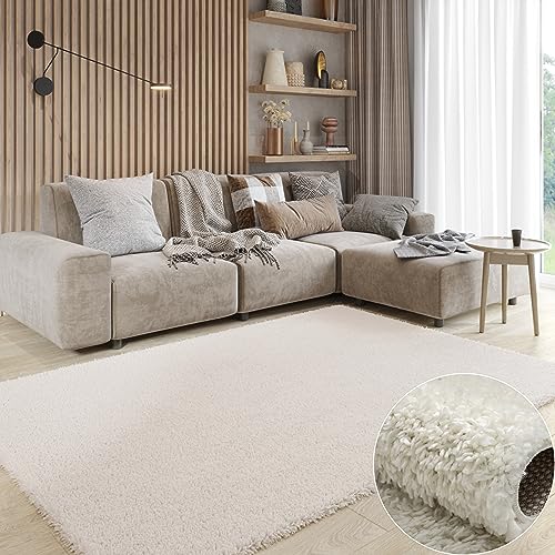 MY-RUG Teppich Shaggy Star Hochflor rechteckig Creme 180 x 120 cm - Esszimmer Teppich, Flauschiger Teppich, Modern von MY-RUG