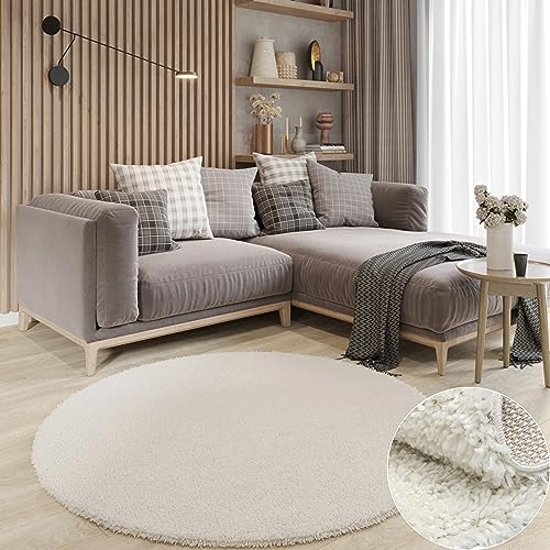 MY-RUG Teppich Shaggy Star Hochflor rund Creme 120 x 120 cm - Wohnzimmer Teppich, Langflor, Modern von MY-RUG