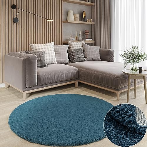 MY-RUG Teppich Shaggy Star Hochflor rund dunkelblau 100 x 100 cm - Schlafzimmer Teppich, Langflor, Modern von MY-RUG