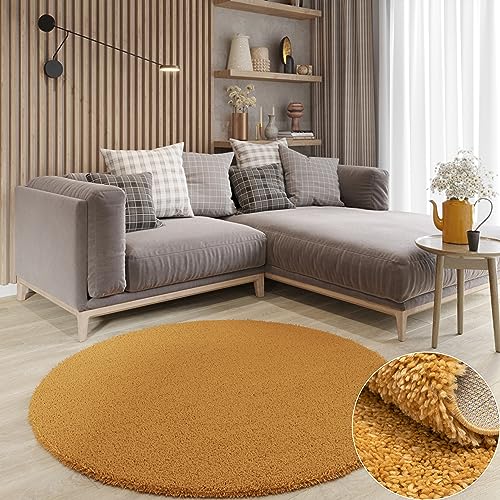 MY-RUG Teppich Shaggy Star Hochflor rund Gold gelb 150 x 150 cm - Esszimmer Teppich, Langflor, Modern von MY-RUG