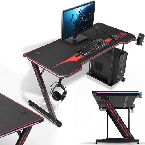MY SIT Gaming Tisch 140 cm Titan Farbwechsel LED Beleuchtung - Kopfhörerhalter PC-Halter Getränkehalter - Leistungsstarkes Kabelmanagement - Schreibtisch Gaming Computertisch in Schwarz von MY SIT