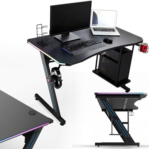 MY SIT Gaming Tisch Gizmo mit Farbwechsel LED Beleuchtung - Kopfhörerhalter PC-Halter und Getränkehalter - Leistungsstarkes Kabelmanagement - Gamer Schreibtisch Gaming Computertisch in Schwarz von MY SIT