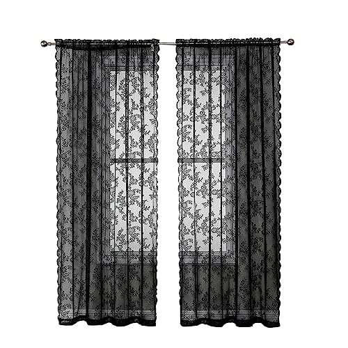 MYAYD Spitze Vorhang, 2 Stück Küchen Gardine Blumen bestickte Gardinen,gestrickter Jacquard-Vorhang für Schlafzimmer, Wohnzimmer,Gaze, Retro-Stil, Vintage B150×H200cm (Schwarz) von MYAYD