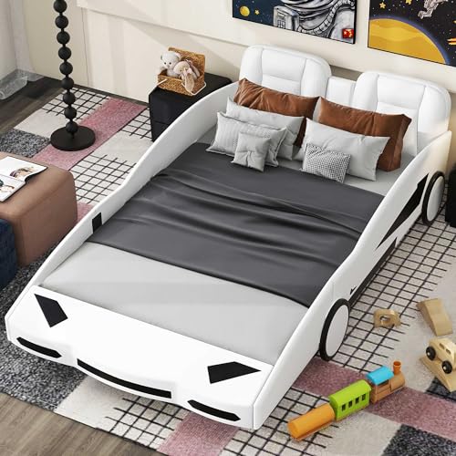 Autobett 140 x 200 cm, Cooles Auto Kinderbett für kleine Rennfahrer, Einzelbett Polsterbett Kinder Spielbett Jugendbett Auto-Modellbetten Flachbett mit Stauraum und Lattenrost, PU, ohne Matratze, Weiß von MYBOO