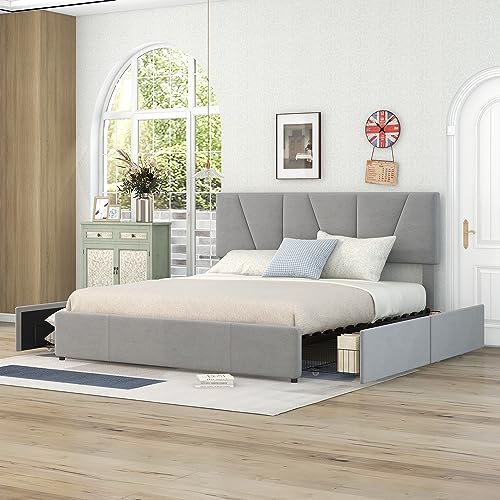 Bett 160x200 mit Schubladen, Einzelbett/Doppelbett, Modern Polsterbett mit Samtstoff Rückenlehne und Lattenrost, Höhenverstellbares Kopfteil,Jugendbett Gästebett, Grau (ohne Matratze) von MYBOO