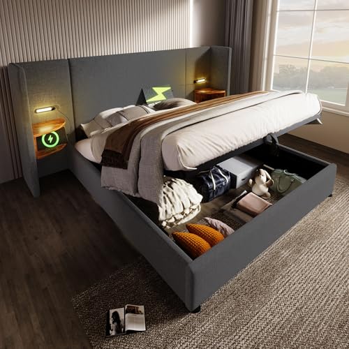 Doppelbett 180×200, integriertes Kopfteil mit USB Type-C Ladefunktion&Leselampe&Nachttisch, Polsterbett Bettanlage Hydraulisch Stauraumbett Bettgestell mit Lattenrost, Leinen, Ohne Matratze, Grau Doppelbett 180×200, integriertes Kopfteil mit USB Type-C Ladefunktion&Leselampe&Nachttisch, Polsterbett Bettanlage Hydraulisch Stauraumbett Bettgestell mit Lattenrost, Leinen, Ohne Matratze, Grau von MYBOO