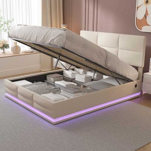 Doppelbett Polsterbett 160x200, LED Hydraulisch Stauraumbett Funktionsbett mit Großer Stauraum&Aufladen USB, Bett Jugendbett Bettgestell mit Verstellbares Kopfteil&Lattenrost, Samt,Ohne Matratze,Beige Doppelbett Polsterbett 160x200, LED Hydraulisch Stauraumbett Funktionsbett mit Großer Stauraum&Aufladen USB, Bett Jugendbett Bettgestell mit Verstellbares Kopfteil&Lattenrost, Samt,Ohne Matratze,Beige von MYBOO