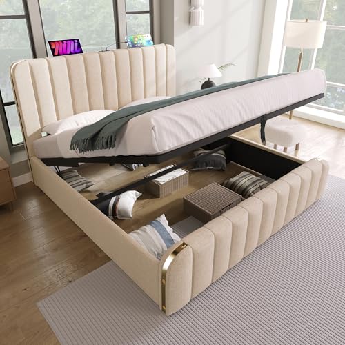 Doppelbett Polsterbett 180x200, Hydraulisch Stauraumbett Funktionsbett mit Großer Stauraum&USB Typ-C Ladefunktion&Lattenrost, Bett Bettgestell Familienbett, Leinen, Belastbarkeit 226kg, Ohne Matratze Doppelbett Polsterbett 180x200, Hydraulisch Stauraumbett Funktionsbett mit Großer Stauraum&USB Typ-C Ladefunktion&Lattenrost, Bett Bettgestell Familienbett, Leinen, Belastbarkeit 226kg, Ohne Matratze von MYBOO