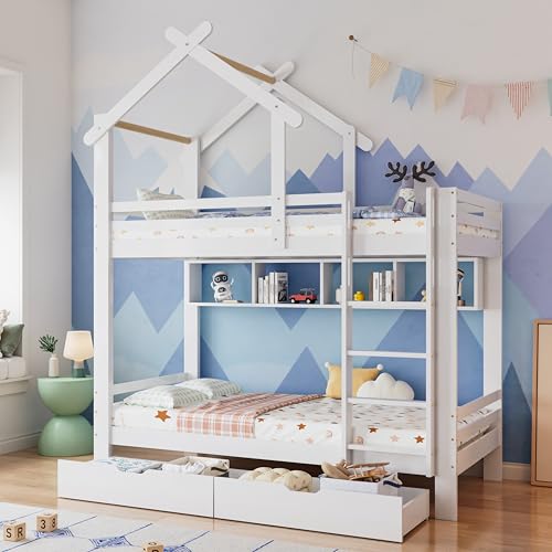 Etagenbett 90x200, Kinderbett Hochbett für 2 Kinder, Hausbett mit 2 Schubladen&Regalen&Dach&Leiter, Kinderhochbett mit Rausfallschutz&Lattenrost, Bettgestell Stockbett Familienbett, Massivholz, Weiß Etagenbett 90x200, Kinderbett Hochbett für 2 Kinder, Hausbett mit 2 Schubladen&Regalen&Dach&Leiter, Kinderhochbett mit Rausfallschutz&Lattenrost, Bettgestell Stockbett Familienbett, Massivholz, Weiß von MYBOO