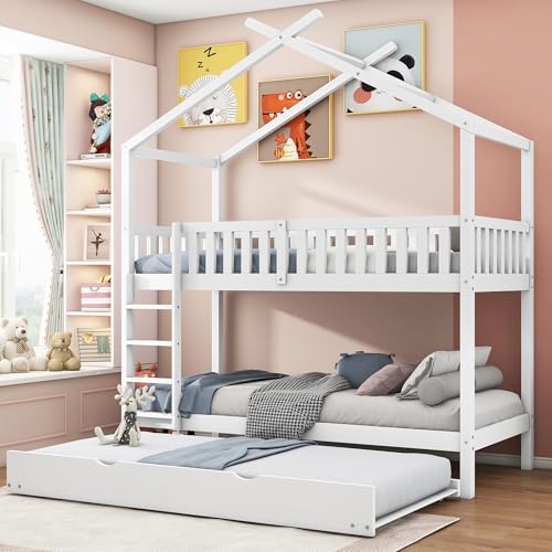 Etagenbett 90x200, Kinderbett Hochbett für 3 Kinder, Hausbett mit Ausziehbett&Dach&Leiter, Kinderhochbett mit Rausfallschutz&Lattenrost, Bettgestell Stockbett Familienbett Loft Bett, Massivholz, Weiß Etagenbett 90x200, Kinderbett Hochbett für 3 Kinder, Hausbett mit Ausziehbett&Dach&Leiter, Kinderhochbett mit Rausfallschutz&Lattenrost, Bettgestell Stockbett Familienbett Loft Bett, Massivholz, Weiß von MYBOO