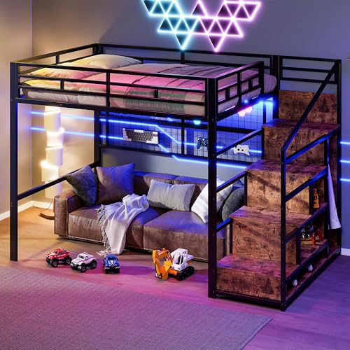 Etagenbett Hochbett 140x200 mit Großem Stauraum & LED Light, Metallbett mit Kleiderschrank & Stauraumleiter & Hanging Grid, Kinderbett Jugendbett Doppelbett mit Rausfallschutz, Ohne Matratze, Schwarz von MYBOO