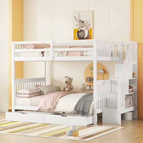 Etagenbett Kinderbett 140x200 mit 2 Schubladen und Treppe, Platzsparendes Hochbett für 4 Kinder, Jugendbett Stockbett Funktionsbett mit Rausfallschutz und Lattenrost, Kiefernholz, Weiß, ohne Matratze Etagenbett Kinderbett 140x200 mit 2 Schubladen und Treppe, Platzsparendes Hochbett für 4 Kinder, Jugendbett Stockbett Funktionsbett mit Rausfallschutz und Lattenrost, Kiefernholz, Weiß, ohne Matratze von MYBOO