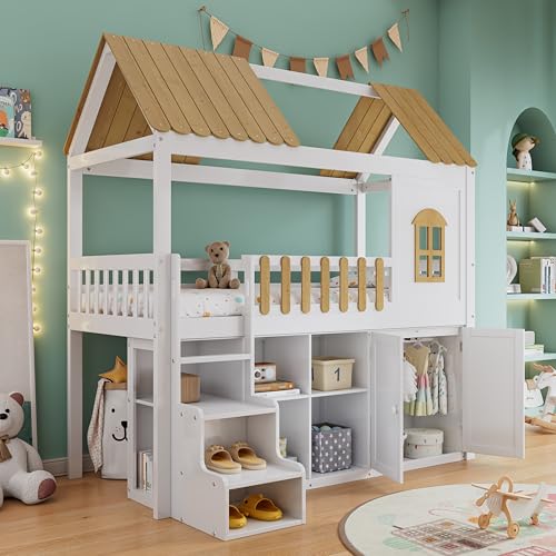 Etagenbett Kinderbett 90x200, Hochbett mit Kleiderschrank&Schuhschrank&Regal, Hausbett Baumhaus Bett mit Lattenrost&Rausfallschutz&Treppe&Fenster&Dach, Multifunktionsbett Bettgestell,Kiefer,Weiß+Natur von MYBOO