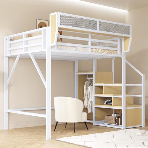 Hochbett Etagenbett 140x200 cm, Kinderbett Metallbett mit Treppen, Stauschrank und Abnehmbares Lagerregal, Doppelbett Jugendbett Bettgestell mit Rausfallschutz und Lattenrost, Ohne Matratze, Weiß Hochbett Etagenbett 140x200 cm, Kinderbett Metallbett mit Treppen, Stauschrank und Abnehmbares Lagerregal, Doppelbett Jugendbett Bettgestell mit Rausfallschutz und Lattenrost, Ohne Matratze, Weiß von MYBOO